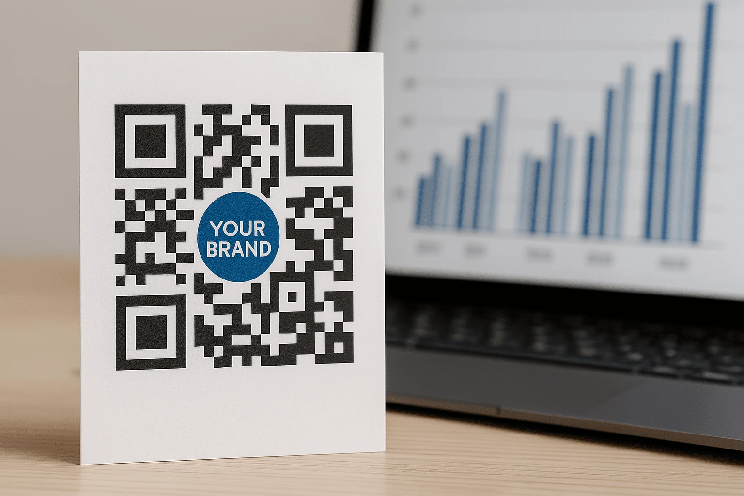 Branded QR code with a logo in the center, company colors, and a text-framed border — as part of the brand's visual style